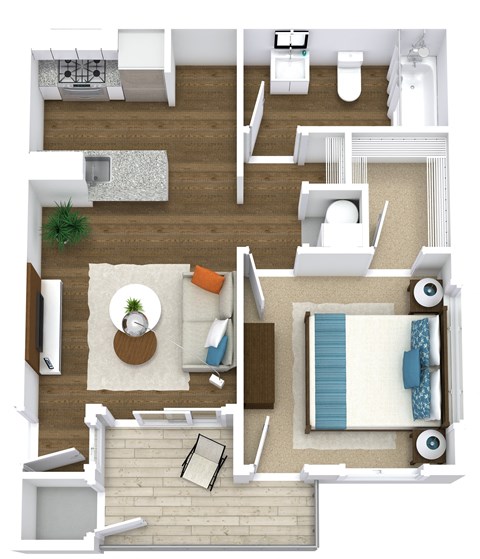 a 3d drawing of a floor plan with furniture and a fireplace